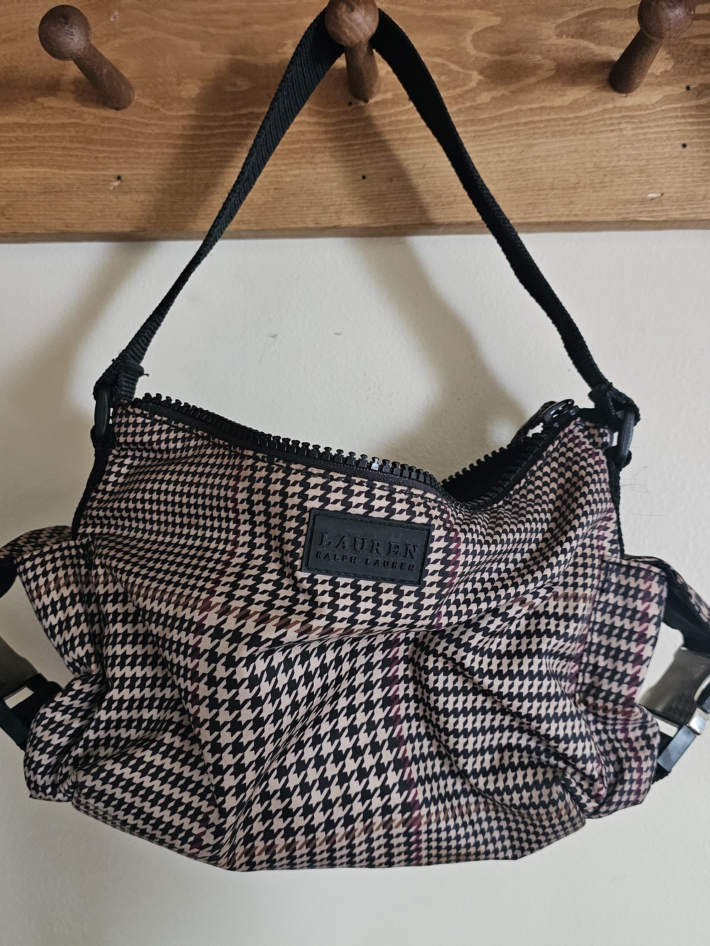 Vintage Lauren Ralph Lauren Houndstooth Nylon Hobo Bag - Slouchy Shoulder Bag